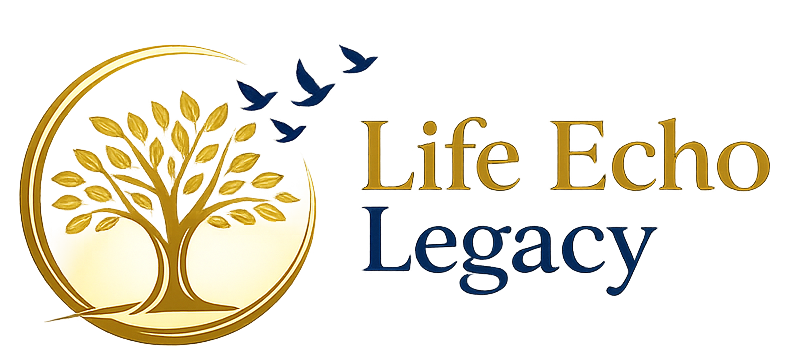 Life Echo Legacy logo with a golden tree and elegant typography.